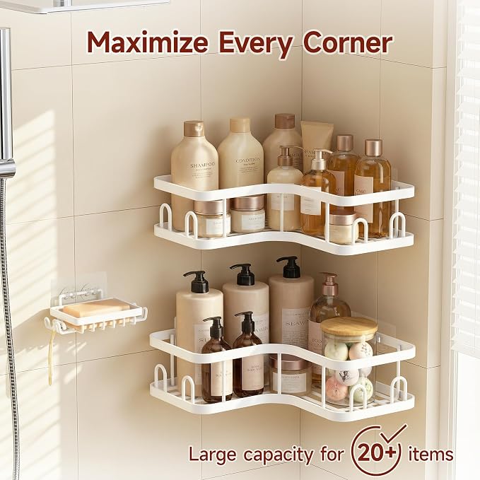 Veken Corner Adhesive Shower Caddy 3-Pack with Soap Holder&Hooks,No Drilling Shower Shelves,Rustproof & Waterproof Bathroom Organizers and Storage,Rack for Small Spaces, Kitchen&Rental-Friendly,White