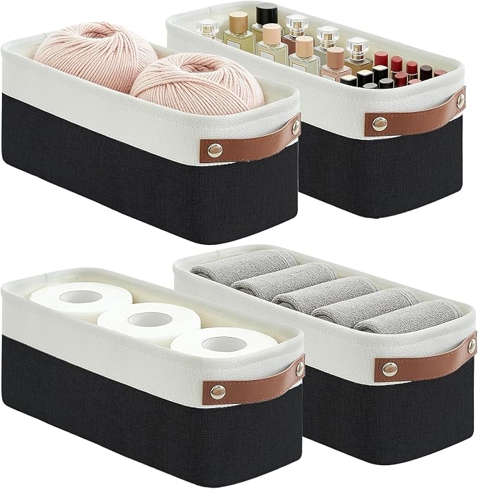 Bagnizer Small Fabric Storage Baskets, 15x6x5 inch Narrow Storage Bins 4-Pack Long Storage Basket for Organizing with Handles, Decorative Basket for Closets, Shelves, Toilet Paper, Black