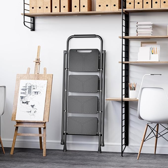 KINGRACK Folding 4 Step Ladder, Portable Ladder for Multi-Purpose, Home, Kitchen, Heavy Sturdy Steel Step Stool with Anti-Slip Wide Pedals, Handrail, Safe-Lock Design, Pass 500lbs Load Testing, Black