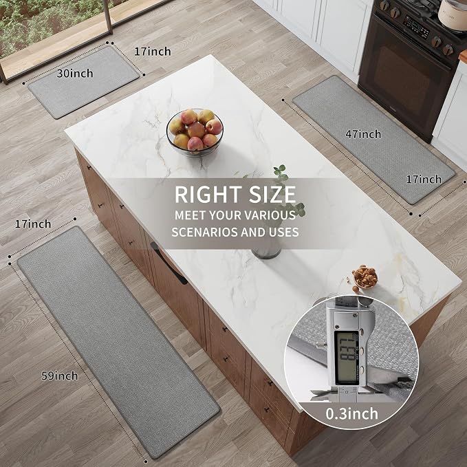 YDKGL Kitchen Rugs Mat Non Slip Washable, Linen-Look 0.3" Thick Soft Cushioned Absorbent Kitchen Mats for Floor, Mild Anti-Fatigue Runner Rug Sink Mat Laundry Standing Mats, Easy Clean, Gray 17"x47"
