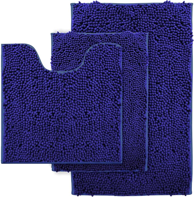 Chenille Bathroom Rug Set - 3-Piece Extra Soft & Absorbent Shag, Machine Washable Mats, Non-Slip PVC Underside, Plush Carpet Mats (Royal Blue)