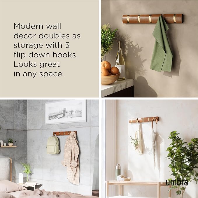 Umbra Flip Wall-Mounted Coat Rack with 5 Hooks – Modern, Space-Saving Storage for Hats, Jackets, Bags, Entryway, Mudroom, Closet, Bathroom, Bedroom – Light Walnut/Gold