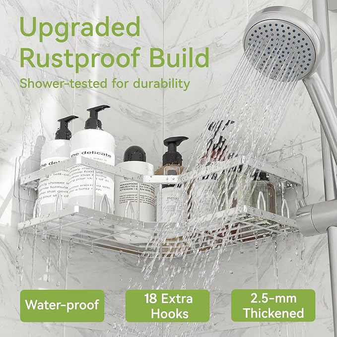 Shower Shelf Corner, Adhesive Shower Caddy Rustproof, Shower Shelves Corner with Soap Holder, No Drilling Shower Corner Organizer for Dorm, Renters Bathroom, Silver, 3 Pack
