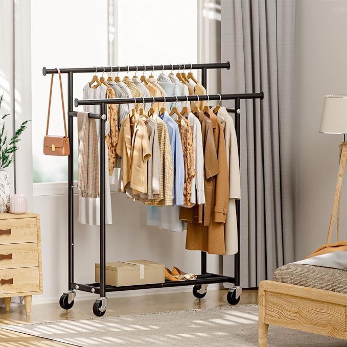 HYSEYY Clothes Rack, Double Rods Rolling Clothing Rack for Hanging Clothes, Portable Garment Rack with Wheels, Coat Rack Wardrobe Closet Load 240 LBS for Bedroom Laundry Room (Black, L)