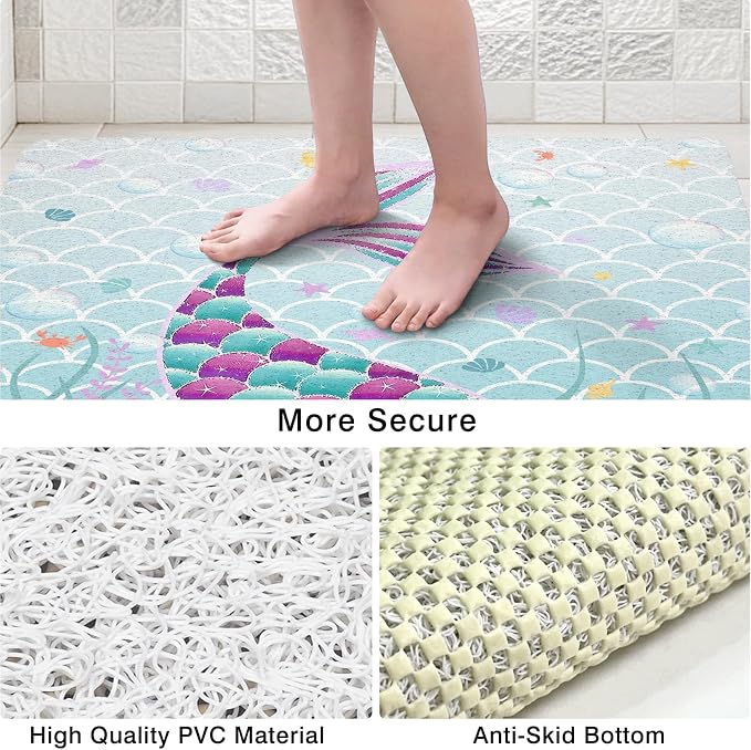 Square Shower Mats for Inside Shower, Mermaid Non Slip Bath Mat Quick Drying Bathmat Easy Cleaning Cute Shower Matt for Kids Bathroom Floor, Textured Surface Shower Foot Scrubber Mat, 24″X24″