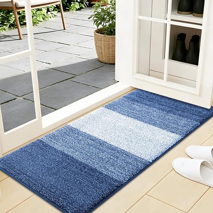 Kitinjoy Indoor Outdoor Door Mat, 44x24 Non-Slip Absorbent Dirt Trapper, Low-Profile Washable Inside Entrance Front Floor Mat, Sturdy Soft Entry Doormats for Entryway, Navy Blue