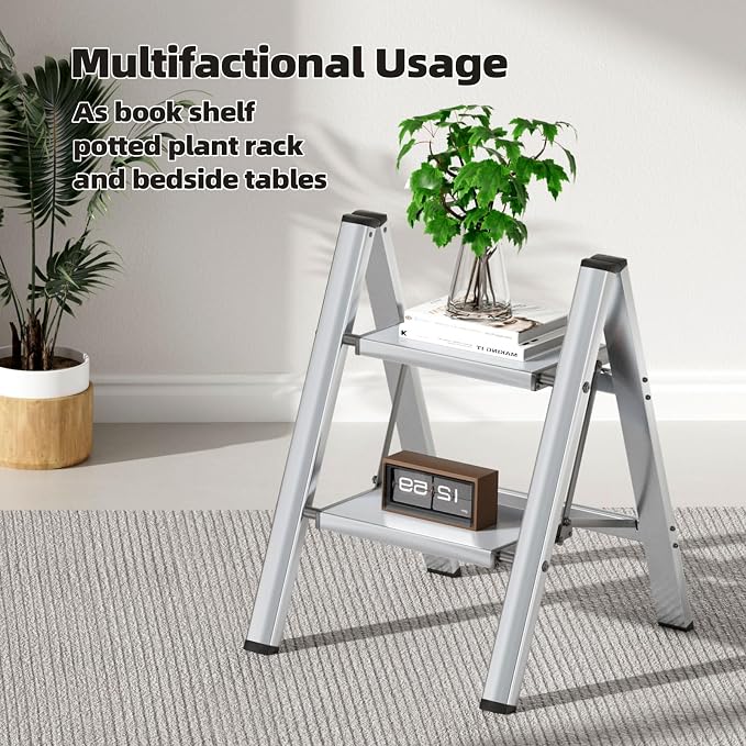 HillhutApex 2 Step Ladder, Lightweight Portable 2 Step Stool with Anti-Slip Wide Pedal,330lbs Capacity Aluminum Ladder for Household,Office,Library(Silver)