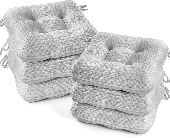 BETU Chair Cushions for Dining Chairs Set of 6,Seat Cushion Kitchen Table Chair Pads with Ties,Non Slip Backing and Covers, Seat Cushions for Dining Room,Bar,Patio Chairs,15.5"X15.5"X3.5",Gray