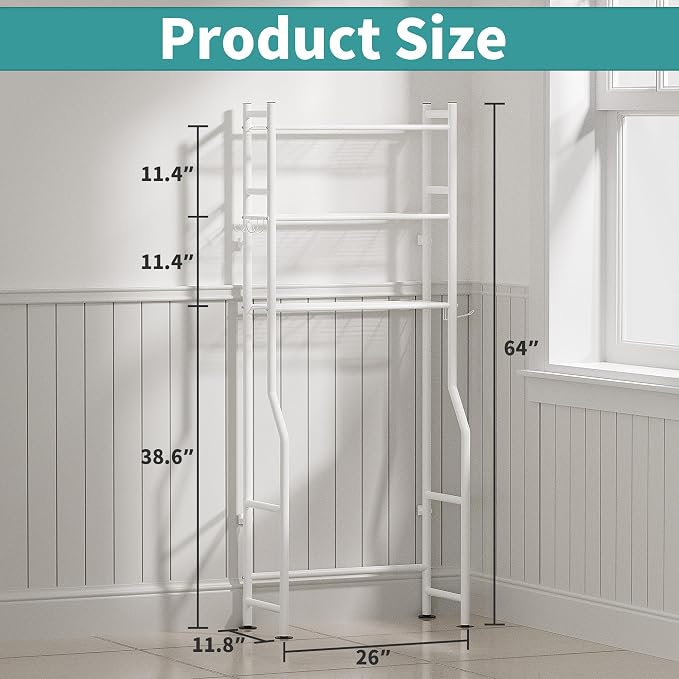 3-Tier Over The Toilet Storage Organizer, Space-Saving Bathroom Rack with Paper Holder & 4 Hooks, 64" Tall Freestanding Carbon Steel Shelf for Small Apartment Laundry Room (White)