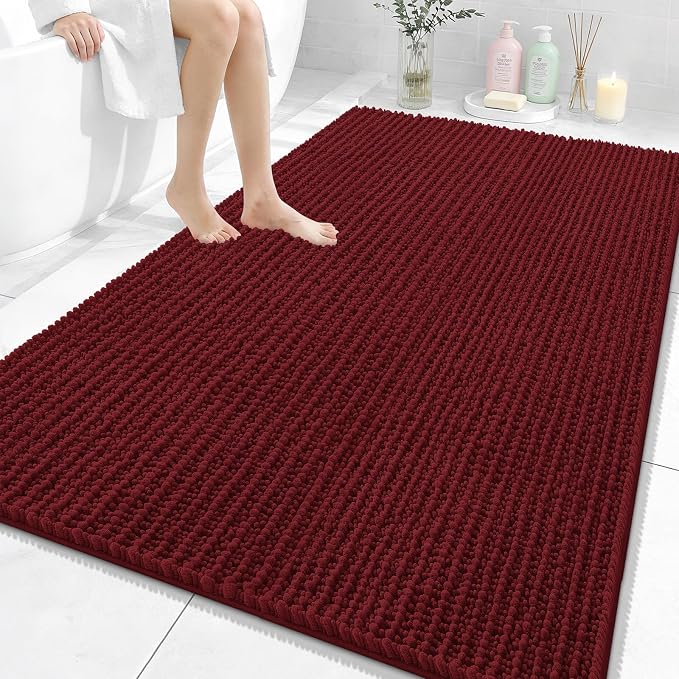 OLANLY Bathroom Rug Mat 59x35, Thick Soft and Absorbent Chenille Bath Mat, Non-Slip Rubber Backing, Machine Washable Quick Dry Bath Rugs for Tub Shower Floor, Home Decor Accessories, Burgundy