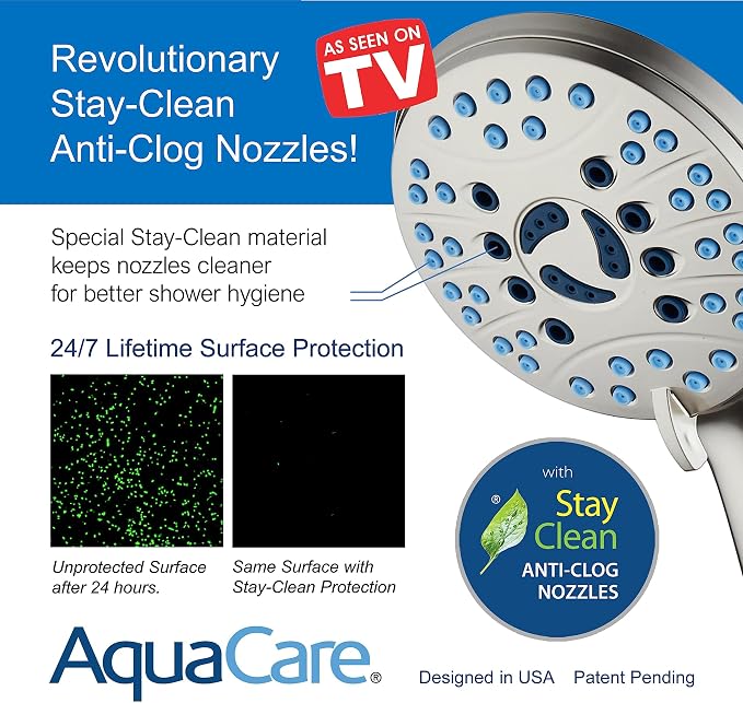Hotel Spa AquaCare High Pressure 8-mode Handheld Shower Head, Anti-clog Nozzles, Built-in Power Wash to Clean Tub, Tile & Pets, Extra Long 6 ft. Stainless Steel Hose, Wall & Overhead Brackets