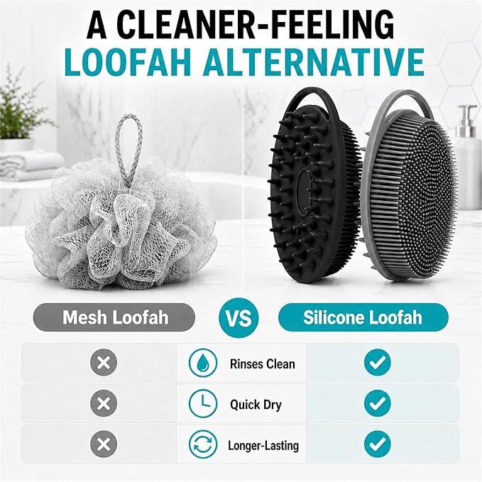2 Pack Silicone Body Scrubber, Loofah Double-Sided Body Brush,Shower Scrubber and Scalp Massager Shampoo Brush for Sensitive Kids Women Men All Kinds of Skin (Black & Gray)