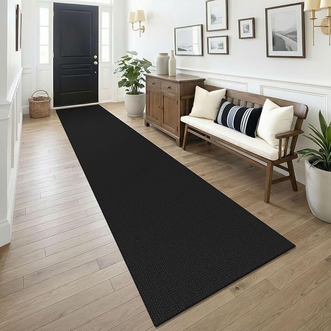 KOZYFLY Black 2.5'x14' Runners Rugs for Hallway, Long Washable Runner Rug, Woven Non Slip Kitchen Runner, Flatweave Entryway Rug, Floor Carpet for Entry, Aisle, Hall, Black/Dark Grey
