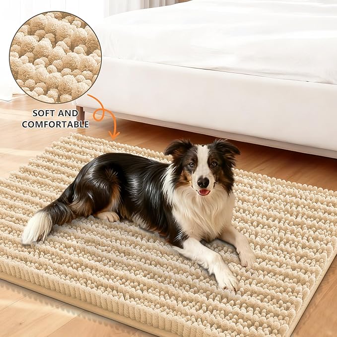Smiry Dog Door Mat for Muddy Paws 59x20, Absorbent Dirt Trapper, Non-Slip Washable Chenille Entryway Rug for Inside Floor, Beige, Layered Pattern