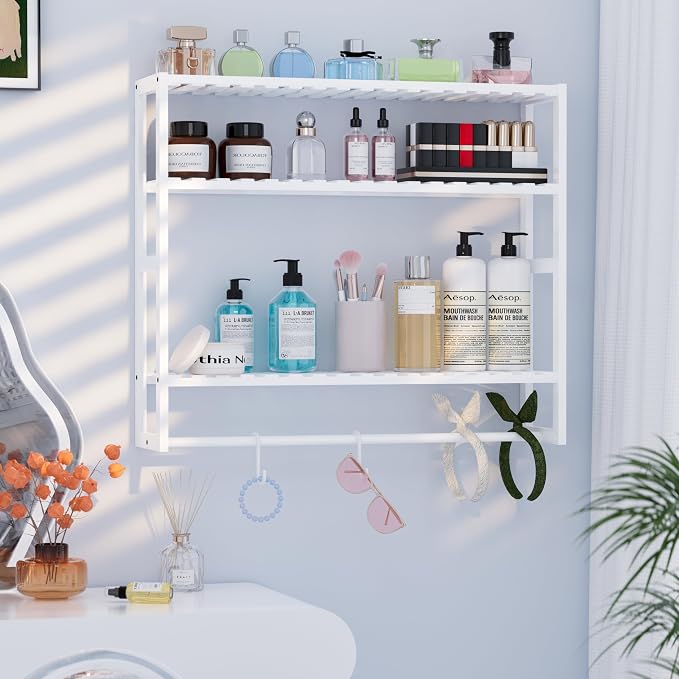 PPN Extra Large Towel Rack Bathroom Storage Shelves Over The Toilet with Towel Bar 100% Bamboo Adjustable Height Floating Shelf Wall Shower Shelf for Small Space Bathroom Kitchen Multi Usage