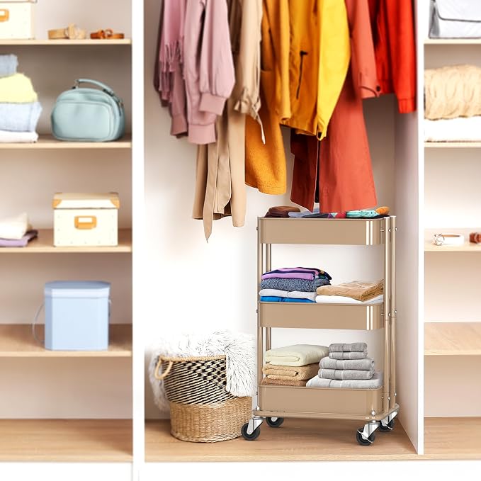 Simple Houseware 3-Tier Compact Utility Rolling Cart, Low 24” Height Fits Under Desk, Space-Saving Storage for Home Office, Dining Room, or Kitchen, Khaki