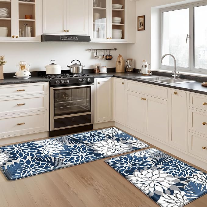Arenarug Kitchen Mats for Floor 2PCS Cushioned Anti Fatigue Kitchen Mats Waterproof Non Slip Kitchen Mat Rug Set Comfort Foam Standing Mat for Sink, Laundry, Office, 24"x39"+24"x59", Blue Gray
