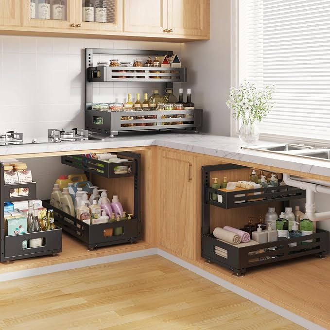 2 Pack 21IN-Depth Under Sink Organizer,Pull Out Cabinet Organizer With Smooth Cylindrical Rail,Metal Slide Out Drawer for Kitchen Bathroom Laundry,8-Level Tool Free Height Adjustable-Black