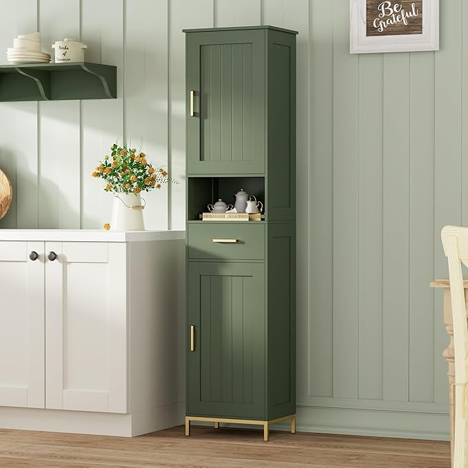 Homhedy 67" H Bathroom Storage Cabinet, Tall Storage Cabinet with Adjustable Shelves, Freestanding Cabinet with Doors and Drawer, Narrow Cabinet for Bathroom, Living Room, Kitchen, Dining Room, Green