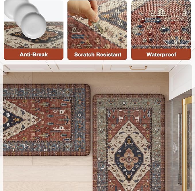 KIMODE Anti Fatigue Kitchen Mats, Boho Distressed Kitchen Rugs 20"x47"+20"x32", Non-Slip Waterproof Kitchen Floor Mats, Comfort Mats for Kitchen Floor, Sink, Laundry, Office, Desk Red