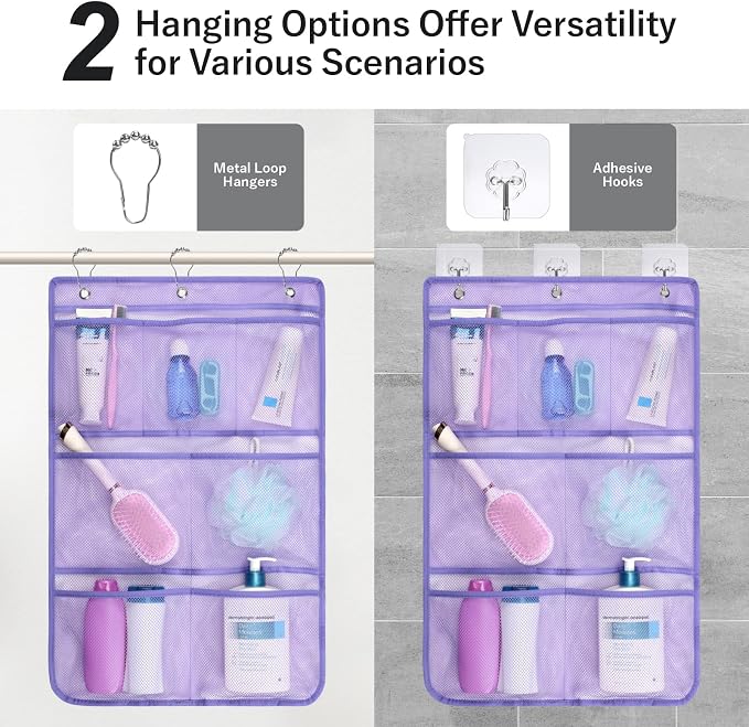F-color Cruise Essentials 2026 - Mesh Shower Organizer Hanging with 7 Pockets for RV Gym Camping, Quick-Dry Portable Toiletry Bag with Metal Hooks for Bathroom Travel Toiletries, Purple+Purple