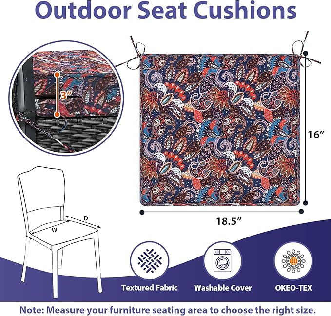 IPYNBAP Outdoor Chair Cushions Set of 4 -Waterproof Outdoor Seat Cushions for Patio Furniture, Patio Chair Cushion with Handle and Ties, Out Door Chair Pads,18.5x16x3-Square, Artistic Floral