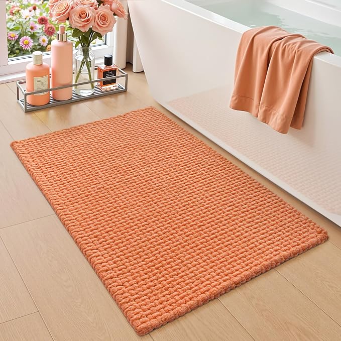 DEXI Bathroom Rugs 24x16, Non Slip Washable Bath Mat, Absorbent Chenille Bathmat, Ultra Soft Thick Carpet for Tub Shower Floor, Orange