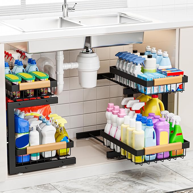 ADBIU Under Sink Organizer(10 Seconds Installation), 2 Packs 2 Tier Expandable Height (11"" - 16"") Under-Sink Organizers Slide out Pull out Organizer Shelf, Black