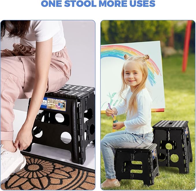 ACKO 2PACK Folding Step Stool - 13" Height Premium Heavy Duty Foldable Stool for Kids and Adults, Kitchen Garden Bathroom Stepping Stool (Black, 2PACK)