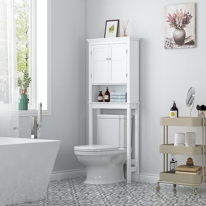 UTEX Over The Toilet Storage Cabinet, Over Toilet Bathroom Organizer with Adjustable Shelves, Above Toilet Storage Cabinet Space Saver, White