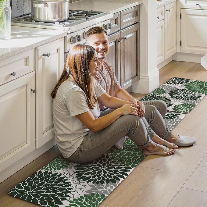 Anti Fatigue Kitchen Mat 2PCS,Boho Dahlia Floral Kitchen Rugs Non Slip Rubber Backing,Waterproof Farmhouse Kitchen Mat for Floor,Cushioned Standing Mat Christmas Decor for Laundry,Sink,Desk,Green