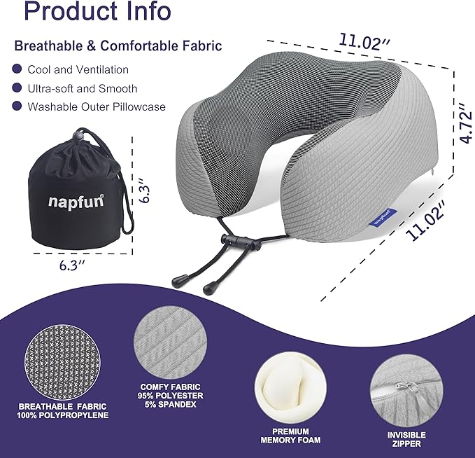 napfun Neck Pillow for Traveling, Upgraded Travel Neck Pillow for Airplane 100% Pure Memory Foam Travel Pillow for Flight Headrest Sleep, Portable Plane Accessories, Mist Gray