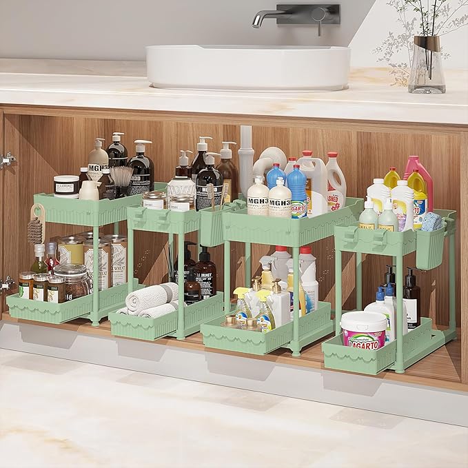 Sevenblue Under Sink Organizer, Bathroom Organizers and Storage, 2 Tier Multi-Use Pull Out Cabinet Organizer with Hang Hooks and Cups (Green, 4 Pack)