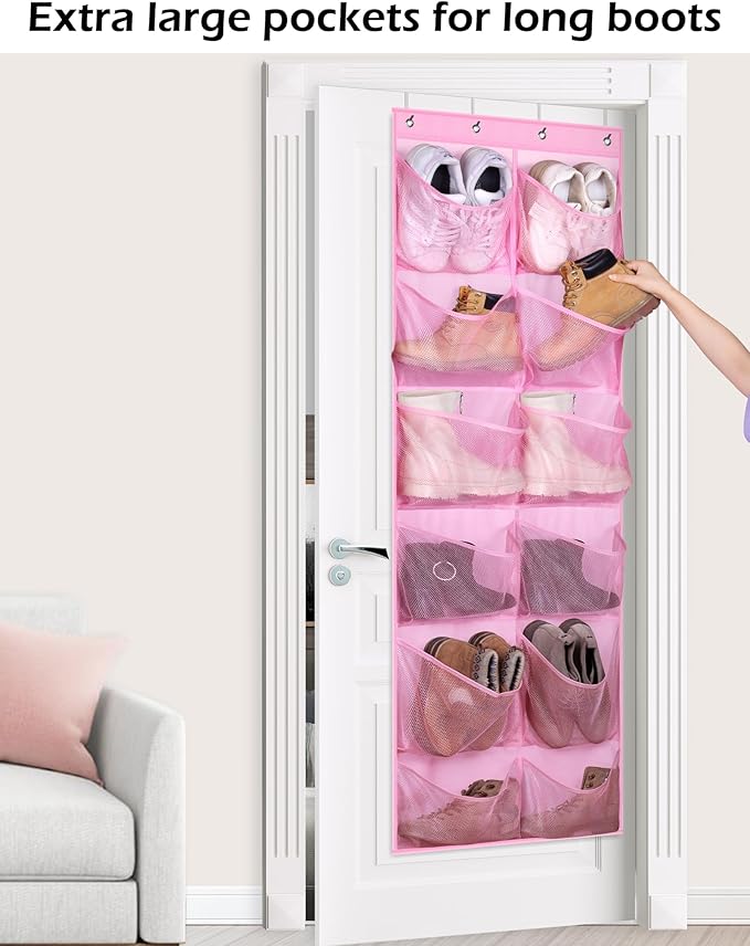 KIMBORA 12 Large Mesh Pockets Over the Door Shoe Organizer for Closet Hanging Shoe Rack for Door Sneaker Hanger Boot Storage for Kids, Baby, Toddler, Girl, Pink