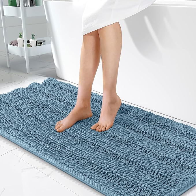OLANLY Thick Bathroom Runner Rugs 47x24, Extra Absorbent Chenille Striped Bath Rugs, Rubber Backing, Machine Wash Dry, Long Bath Mats for Bathroom, Tub and Shower, Home Decor Accessories, Airy Blue
