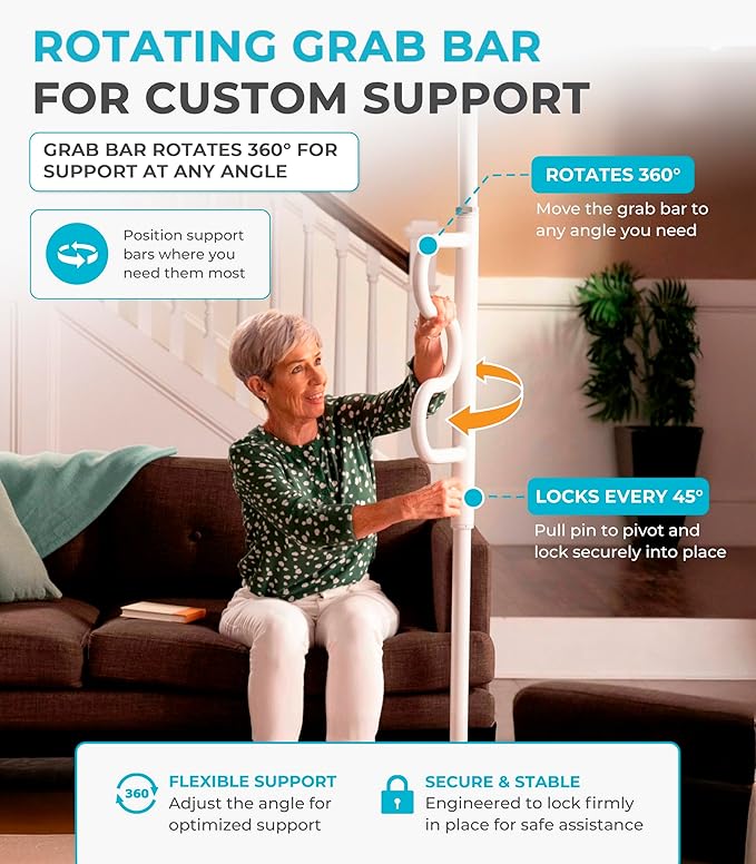 Stander Wonder Pole Plus with Rotating Double Grab Bar, Tension Mounted Security Pole for Seniors & Elderly Adults, No-Drill Floor to Ceiling Transfer Pole for Home & Bath Safety, White