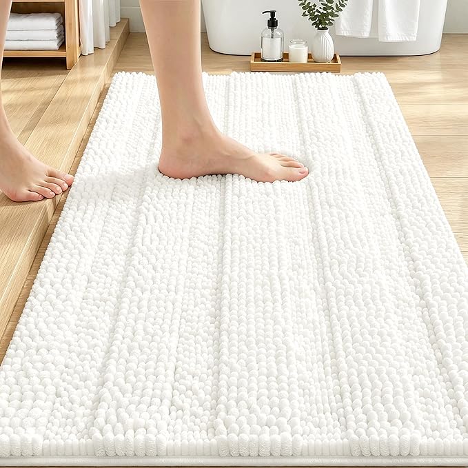 OLANLY Thick Bathroom Rugs 30x20, Extra Soft Absorbent Chenille Striped Bath Rugs, Rubber Backing, Machine Wash Dry, Bath Mats for Bathroom Floor, Tub and Shower, Home Decor Accessories, Ivory