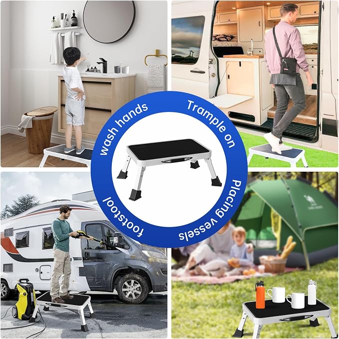RV Step Stool Foldable 1-Step Stool Ladder Sturdy Metal Stable Step Ladder with a Non-Slip Platform Supports up to 500 lb with Non-Slip Rubber Feet, Easy to Carry (White, One-Step)