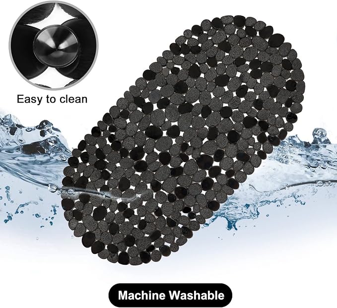 WELTRXE Pebbles Bath Mat for Tub Black Non-Slip Bathtub Mat with Suction Cups, Drain Holes for Bathroom Showers, Tub, Machine Washable, BPA, Latex Free Oval Shower Mats Bath Tub mat, 27 x 14 Inch