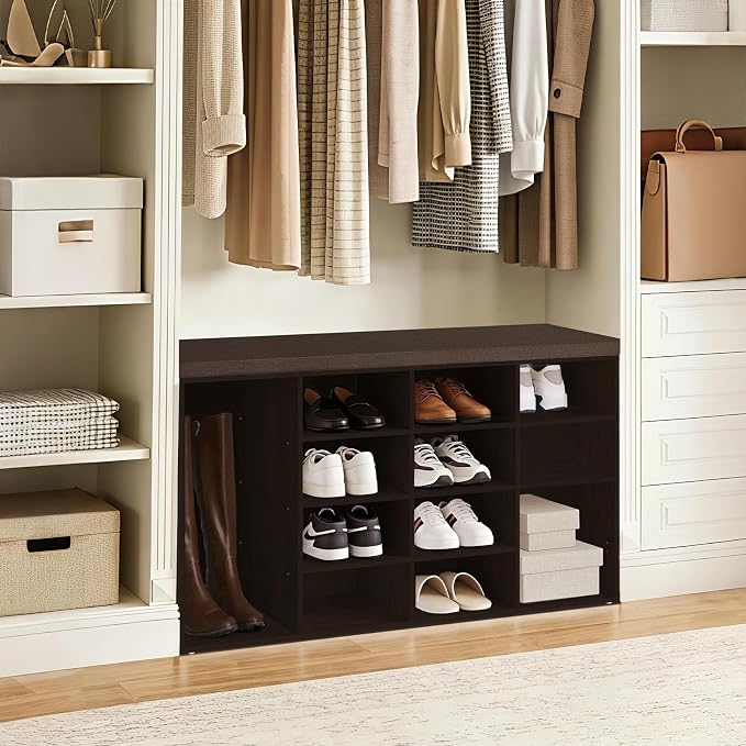 DINZI LVJ Shoe Storage Bench with Cushion, 16-Cubby Shoe Rack, Adjustable Shelves, Multifunctional Shoe Organizer Bench for Entryway, Mudroom, Hallway, Living Room, Bedroom and Garage, Espresso