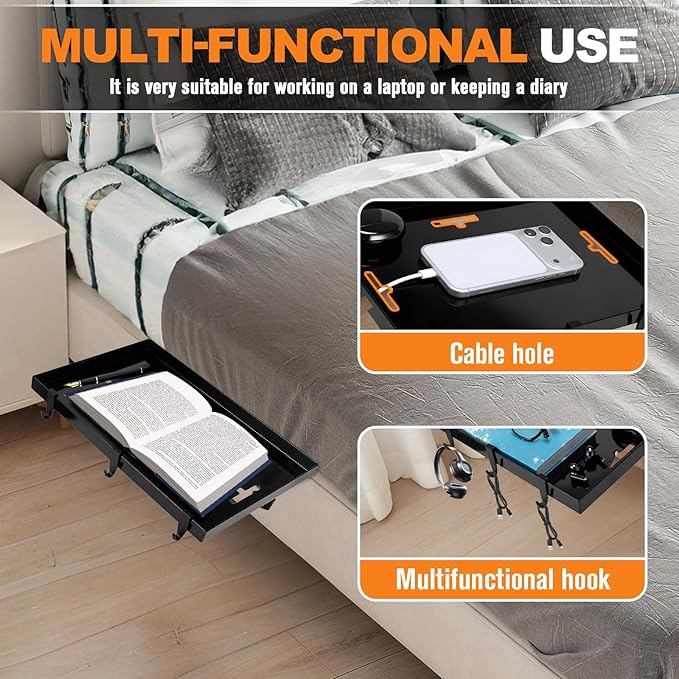 Bunk Bed Shelf, Dorm Bed Shelf, Foldable Bedside Shelfs, Bedshelfie, Heavy Duty Metal Floating Nightstand Beds Tray Table Tray Organizer Tray with 3 Cord Hole(Black)