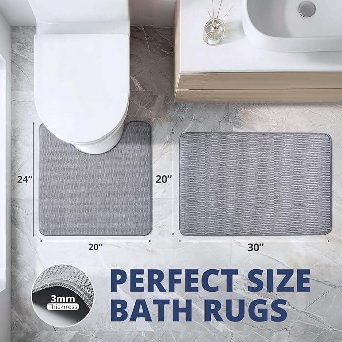 Bathroom Rugs Sets 2 Piece, Thin Bath Mat & U-Shaped Contour Toilet Rug Absorbent Quick Dry, Machine Washable, Non Slip Low Pile Bath Mats for Bathroom/Tub/Sink/Shower (30"x20" Plus 24"x20" U, Grey)