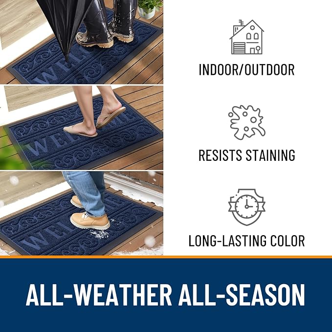 OLANLY Welcome Door Mat Indoor Outdoor Entrance, Heavy Duty Sturdy Front Door Mat, Waterproof All-Weather Doormat, Stain Resistant, Low Profile, Easy Clean Patio Entryway Mat, 29.5 x 17, Navy Blue