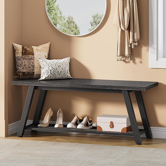Oastreeful Industrial Entryway Bench Rustic Wood and Metal Storage Bench for Indoor Living Dining Room Bedroom Long Shoe Benches Seat (Charcoal Black)
