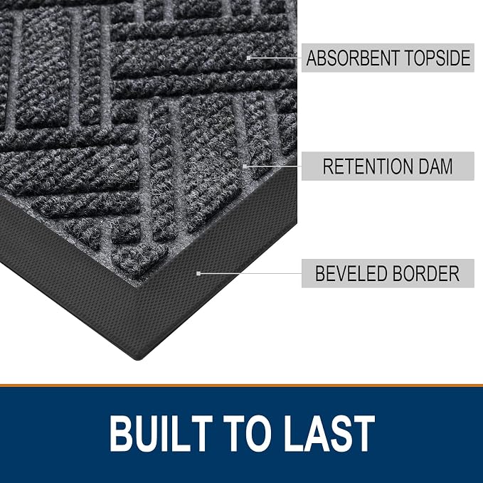 OLANLY Indoor Outdoor Mat, Sturdy Natural Rubber Floor Mat, Non Slip Low Profile Waterproof Doormat, and Stain Front Door Mats, Easy Clean Patio Entrance Mat, 30''x17'', Grey