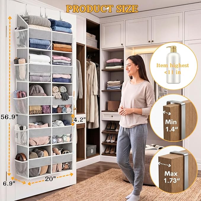 Over The Door Organizer, 5-Tier Extra Large Behind Door Storage with 10 Big Front & 10 Mesh Pockets, 80lb Capacity, Hanging Storage Organizer with Clear Window Kids Toys, Shoes, Diapers, Light Grey