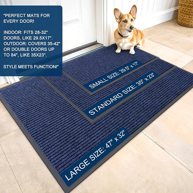 OLANLY Front Door Mat Indoor Outdoor Entrance, 2-Pack 33 x 21 Inch, Waterproof Heavy Duty Doormat, Fade Resistant, Low Profile, Easy Clean Patio Porch Welcome Floor Mats for Entry, Blue