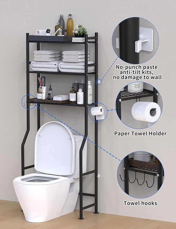 Livilord 3-Tier Over The Toilet Storage, Freestanding Metal Bathroom Shelves with 4 Hooks, Over Toilet Storage Shelf with Paper Holder, Above The Toilet Shelf for Bathroom Storage, Black