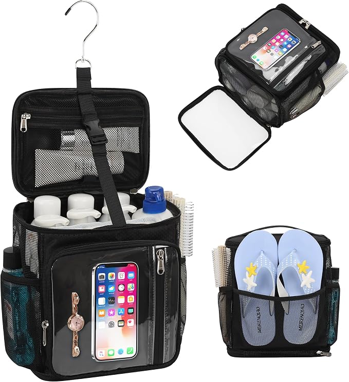 CUBETASTIC Hanging Shower Caddy Portable Bag - Quick Dry Shower Tote for Dorm College Essentials, Water-Resistant Travel Toiletry Bag with Separate Compartment & Multiple Pockets (Black, M)