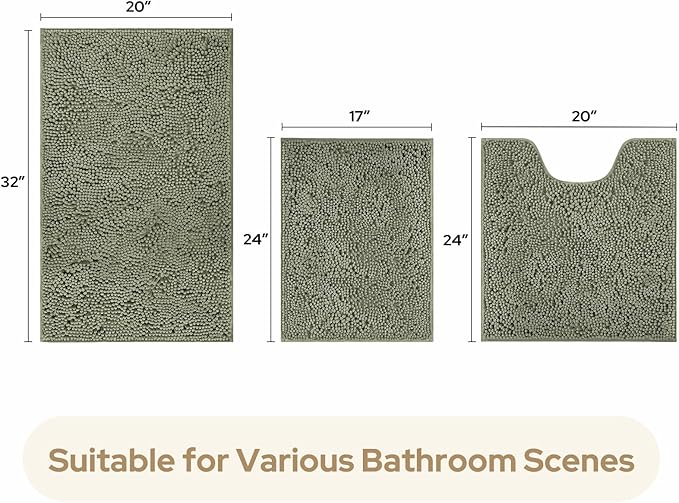 HOMEIDEAS 3 Pieces Bathroom Rugs, Ultra Soft Non Slip Absorbent Chenille Toilet Bath Mat Set (Sage Green)